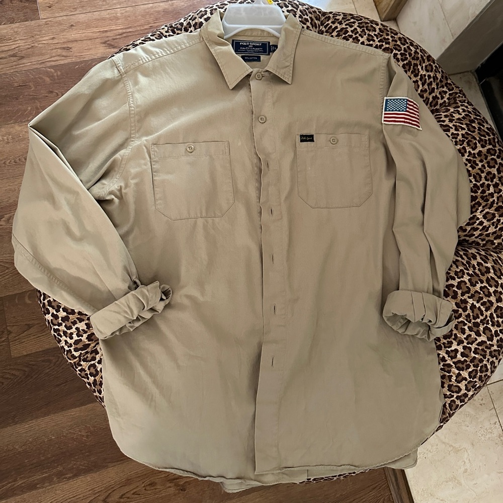 Polo Ralph Lauren Sport Large American Flag Khaki Button-Down Shirt